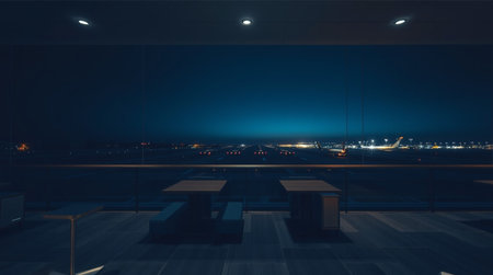 Airport terminal at night with empty seats and tables. 3d rendering