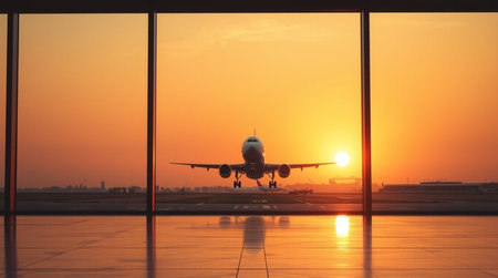 Airplane in the airport at sunrise, travel and transportation concept.