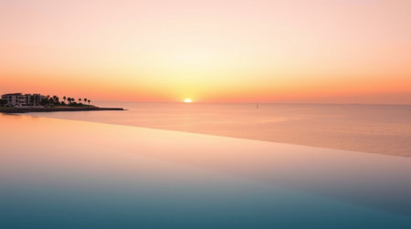 Beautiful sunset on the beach. Panoramic view of the sea and the sky.