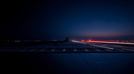 airport runway at night with light trails and city lights in the background