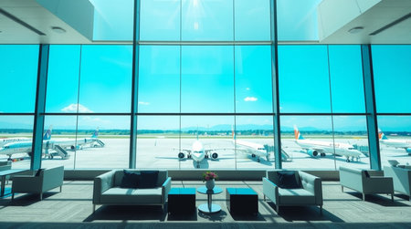 Interior of a modern airport terminal with blue sky and clouds.