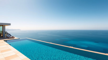 Luxury swimming pool with view of the sea. Nobody inside