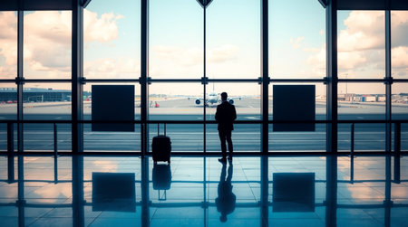 Silhouette of a man in an airport waiting for his flight