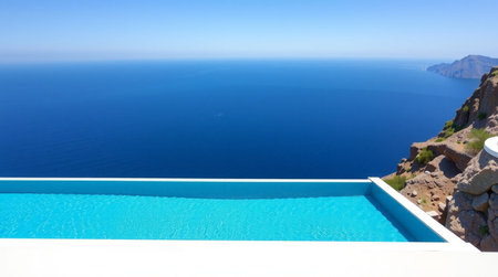 Swimming pool on Santorini island, Greece. Beautiful landscape