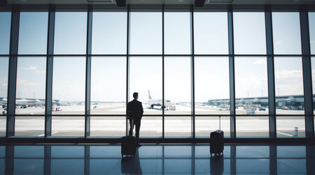 Silhouette of a man in the airport, looking through the window