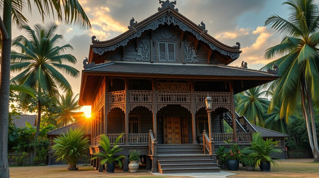 Traditional wooden house at sunset in Borneo, Sabah, Malaysia