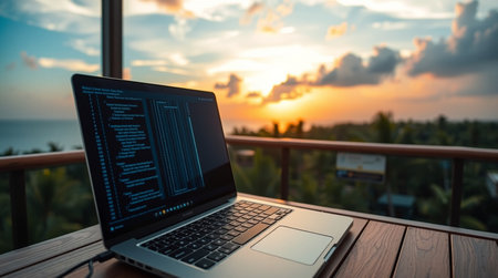 Laptop computer on a balcony at sunset with a view of the sea