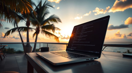 Laptop computer on the table with sunset sky and palm trees backgroundの写真素材