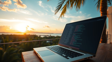 Programmer working on laptop on the background of palm trees and sunset
