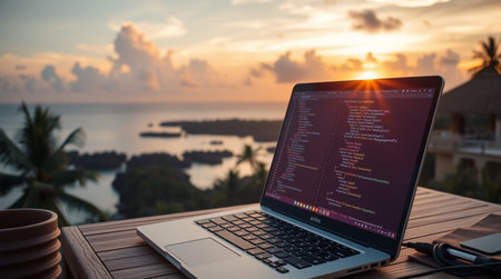 Laptop on a wooden table on the background of the sea and sunsetの写真素材
