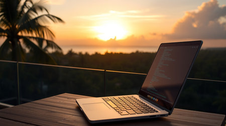 Laptop on a wooden table on the background of the sea and sunset