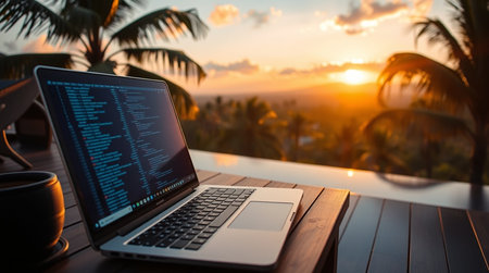 Laptop computer on wooden table with palm tree and sunset background.の写真素材