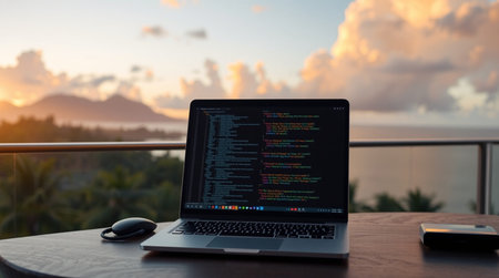 Programmer working on a laptop computer on a balcony at sunset.