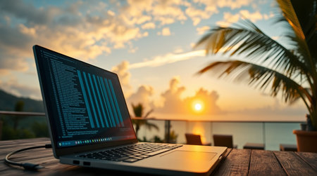Laptop computer on wooden table with palm tree and sunset sky background