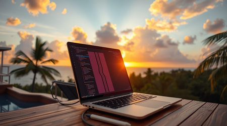 Laptop on the table with sunset sky and sea background. Freelance work concept.の写真素材