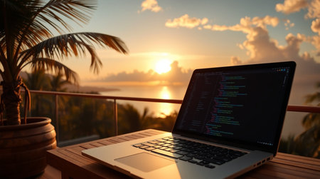 Laptop on a balcony with a view of the sea and the sunset
