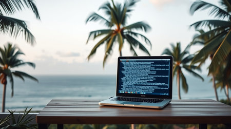 Laptop on the table against the background of the sea and palm trees