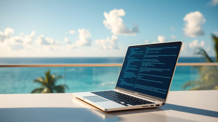 Laptop with abstract programming code on a white table by the pool