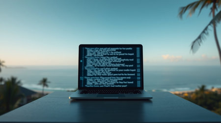 Laptop on the table against the background of the sea and palm trees