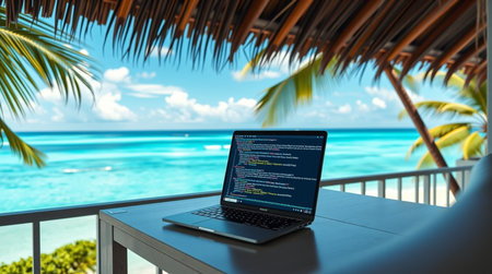Laptop on the table with the background of the sea and palm.の写真素材