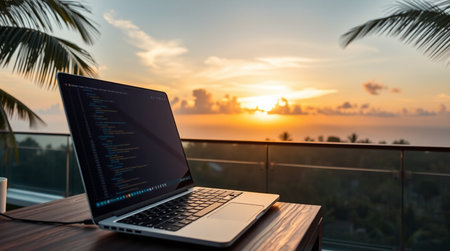 Laptop computer on wooden table with sunset sky and palm tree backgroundの写真素材