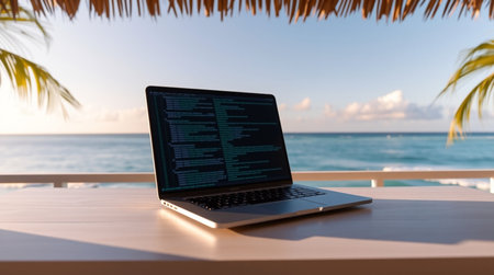 Laptop on the table by the sea. Work from home concept