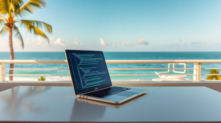 Laptop on the table against the backdrop of the sea and palm treesの写真素材