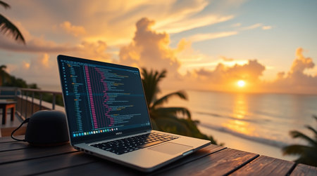 Laptop on wooden table with palm tree and sunset sky background.の写真素材
