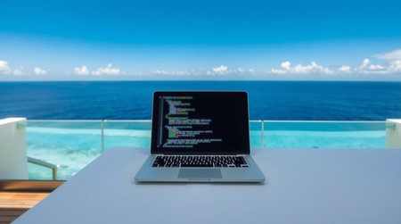 Laptop computer on a white table in front of a sea viewの写真素材