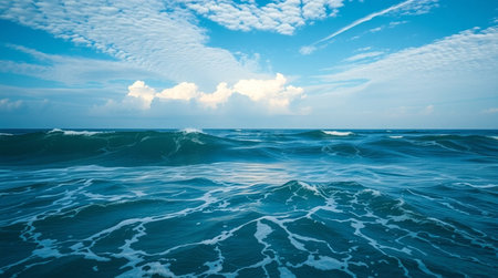 beautiful blue sea with waves and clouds, natural background for your design