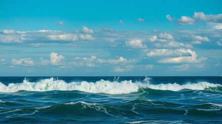 Waves in the sea on a background of blue sky with clouds