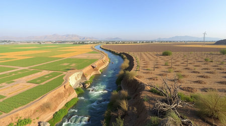 Panoramic view of the river and rice fieldsの写真素材