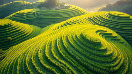 Aerial view of green terraces at sunset
