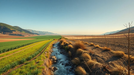 Panoramic view of agricultural fields and meadows under blue sky