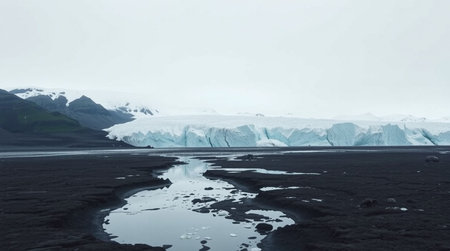 Icelandic landscape with icebergs and fjords in cloudy weather