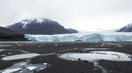 Icelandic landscape with icebergs and glacier in the background.