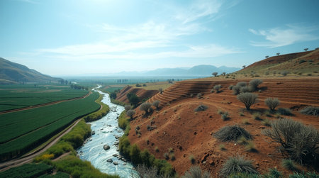 Mountain landscape with a river flowing through it.