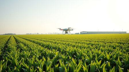 Drone flying over corn field, closeup of photo with drone