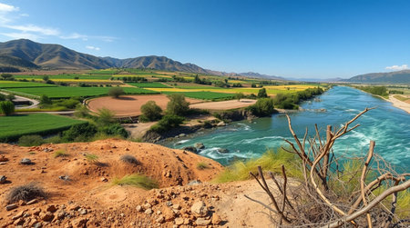 Panoramic view of the turquoise river and green fields.