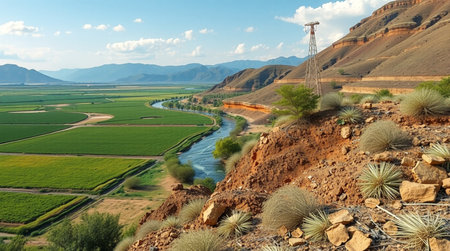 landscape with river and blue sky in the mountains of Kyrgyzstan