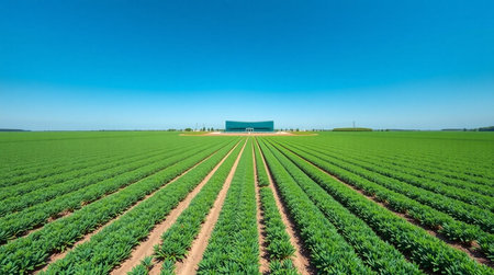 Agricultural field with rows of young green wheat plants under blue skyの写真素材