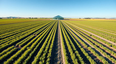 Aerial view of rows of young soybeans growing on agricultural field.の写真素材