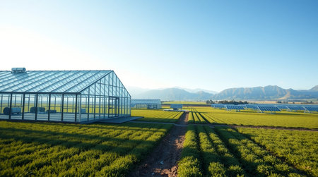 Greenhouse in the agricultural field on a sunny day. Panorama