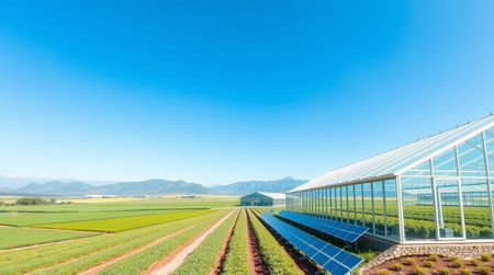 Greenhouses with solar panels against the blue sky. Panoramic view.
