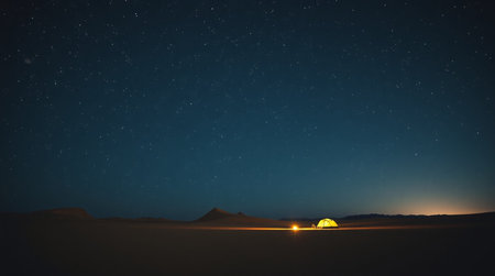 Night in the desert with starry sky and a silhouette of a tent