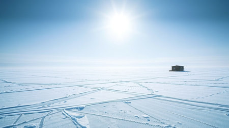 Winter landscape with snow covered field, blue sky and sun in background