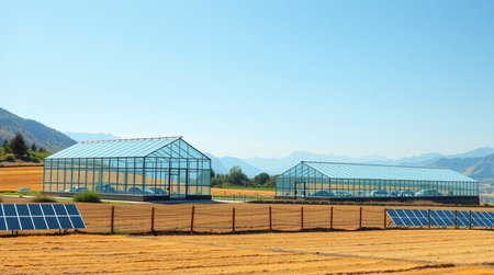 Greenhouse with solar panels and blue sky. Panoramic view.