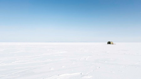 Winter landscape with a frozen lake and a hut in the foreground.