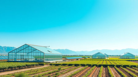 Greenhouse in a row with blue sky background. Agriculture concept.