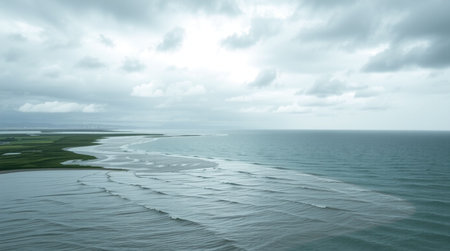 Aerial view of the sea at low tide with clouds in the sky